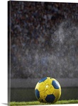 Soccer ball on field in rain