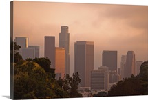 Unique view of downtown Los Angeles between hills.