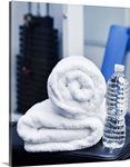 USA, New Jersey, Jersey City, Close up of towel and bottle in gym