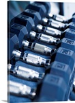 USA, New Jersey, Jersey City, Row of dumbbells in gym