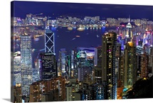 View of cityscape of Hong Kong at night.