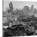 View of New York City buildings at night.