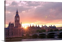 Westminster Bridge and Big Ben in London at sunset, England