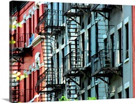 Windows and emergency stairs in New York City.