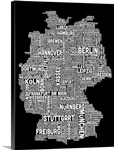 German Cities Text Map, Black and White