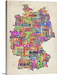 German Cities Text Map, Multicolor on Parchment