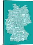 German Cities Text Map, Turquoise