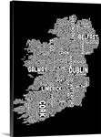 Irish Cities Text Map, Black and White