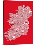 Irish Cities Text Map, Red