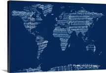 Sheet Music World Map, Blue