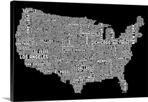 United States Cities Text Map, Black and White