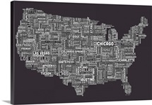 United States Cities Text Map, Grey