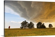 A storm chaser watches a massive supercell thunderstorm in Tornado Alley