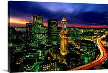 Boston night aerial with time exposure car lights on Central Artery