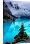 View of Moraine Lake with low-lying clouds at one end, Alberta, Canada
