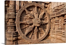 Architectural detail of stone carved chariot wheel in the temple, Sun Temple, India
