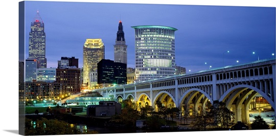 Bridge in a city lit up at dusk, Detroit Avenue Bridge, Cleveland, Ohio