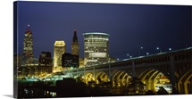 Bridge in a city lit up at night, Detroit Avenue Bridge, Cleveland, Ohio