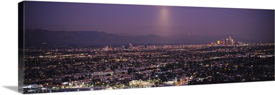 Buildings In A City Lit Up At Dusk, Hollywood, San Gabriel Mountains 