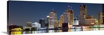 Buildings in a city lit up at night, Detroit River, Detroit, Michigan,
