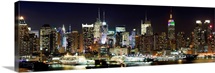 Buildings in a city lit up at night, Hudson River, Midtown Manhattan, Manhattan, New York City, New York State,