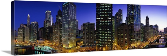 Buildings lit up at dusk, Chicago, Illinois