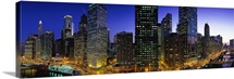 Buildings lit up at dusk, Chicago, Illinois