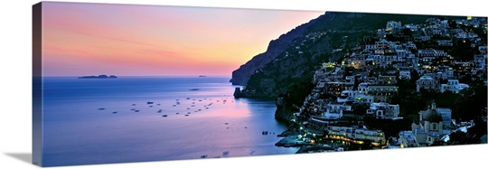 Buildings lit up at night, Positano, Amalfi, Amalfi Coast, Campania, Italy