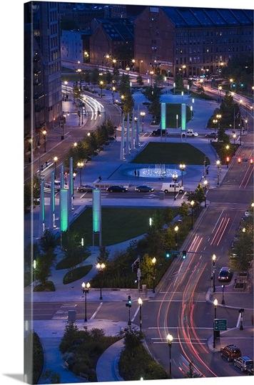 City lit up at dusk, Atlantic Avenue Greenway, Boston, Massachusetts