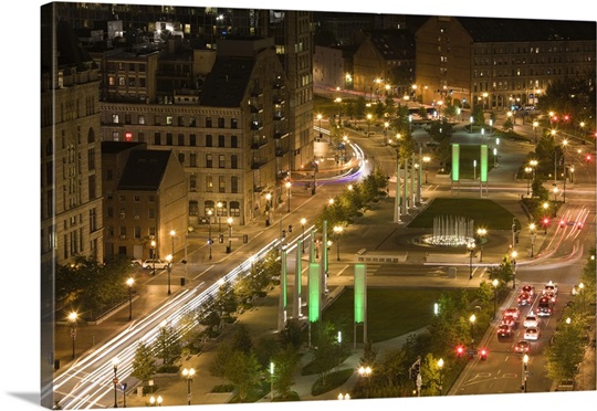 City lit up at dusk, Atlantic Avenue Greenway, Boston, Massachusetts