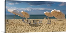 Deck chairs and beach umbrellas on the beach, Jetties Beach, Nantucket, Massachusetts