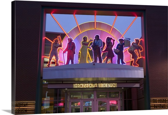 Facade of a museum lit up at dusk, American Jazz Museum, Kansas City, Missouri