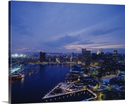 High angle view of a city lit up at dusk, Baltimore, Maryland