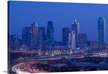 High angle view of a multiple lane highway in front of a city, Interstate-35E, Dallas, Texas