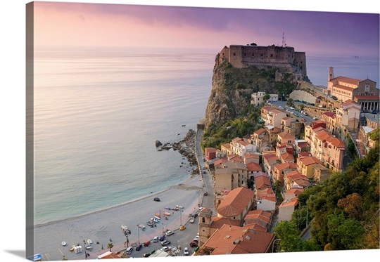 High angle view of a town and a castle on a cliff, Castello Ruffo, Scilla, Calabria, Italy