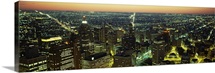 High angle view of buildings lit up at night, Detroit, Michigan