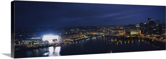High angle view of buildings lit up at night, Heinz Field, Pittsburgh, Allegheny county, Pennsylvania
