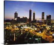 High angle view of buildings lit up at sunset, Centennial Olympic Park, Atlanta, Georgia