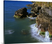 High angle view of rocky shoreline cliffs, Lake Michigan, Whitefish Dunes State Park, Wisconsin