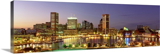 Maryland, Baltimore, City at night viewed from Federal Hill Park