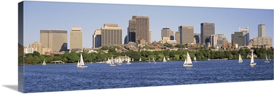 Massachusetts, Boston, Panoramic view of an urban Skyline by the shore