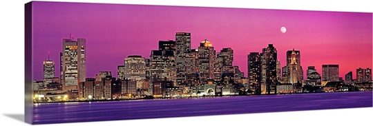 Massachusetts, Boston, View of an urban skyline by the shore at night