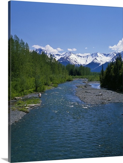 Mountain stream, snowy Chugach Mountains, summer, Alaska