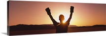 Silhouette of a person wearing boxing gloves in a desert at dusk, Black Rock Desert, Nevada