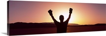 Silhouette of a person wearing boxing gloves in a desert at dusk, Black Rock Desert, Nevada