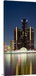 Skyscrapers lit up at dusk, Renaissance Center, Detroit River, Detroit, Michigan,