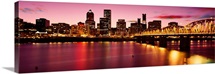 Skyscrapers lit up at sunset, Willamette River, Portland, Oregon, USA, 1994