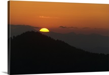 Sunrise over back lit hazy mountain ridges, Blue Ridge Parkway, North Carolina