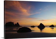 Sunset sky, silhouetted sea stacks on Bandon Beach, Bandon Beach State Park, Oregon