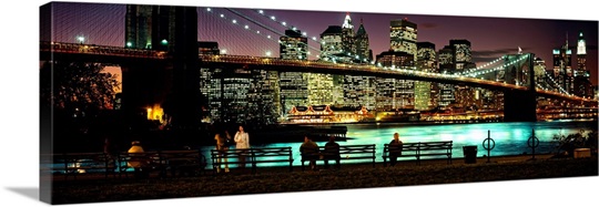 Suspension bridge lit up at dusk, Brooklyn Bridge, East River, Manhattan, New York City, New York State